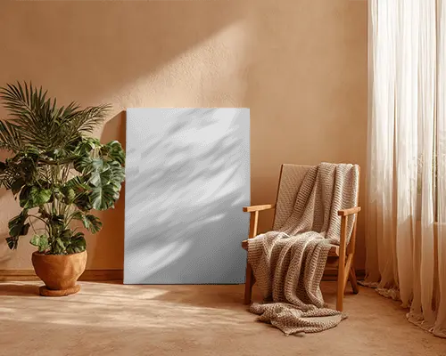 Peaceful Minimalist Canvas Mockup With Cozy Blanket And Natural Indoor Plant Setting