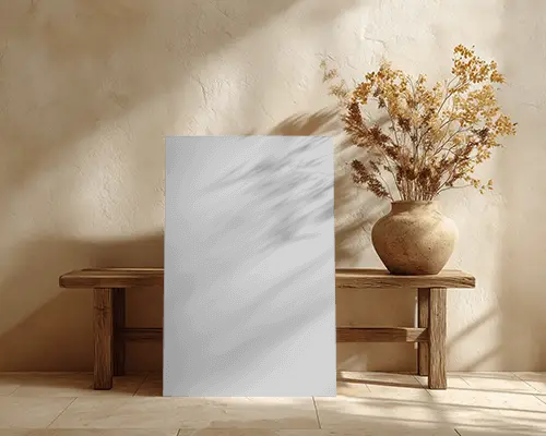 Modern Blank Canvas Mockup On Wooden Bench With Textured Wall And Natural Light