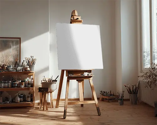 Natural Light Art Studio Blank Canvas Mockup Easel Painting Brushes Cups And Buckets