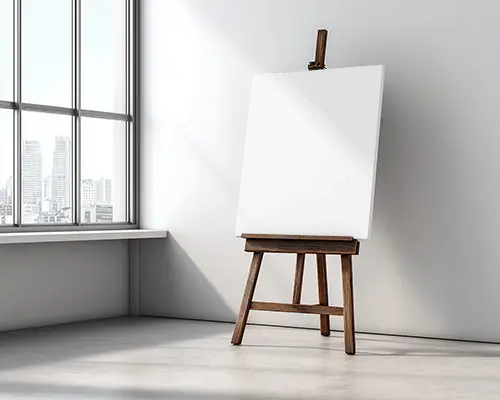 Empty Art Canvas Mockup Easel Against White Wall In Bright Urban Apartment Interior