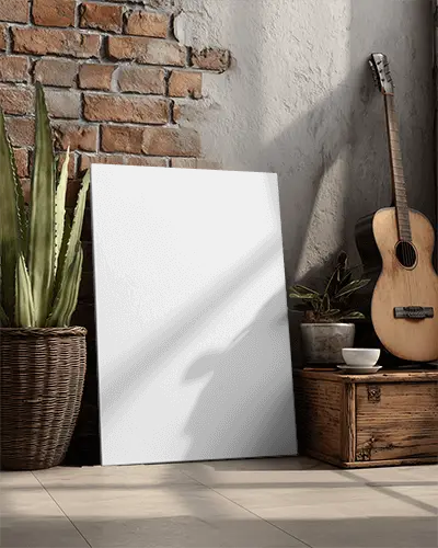 Modern Wall Canvas Mockup With Guitar And Plant In Rustic Industrial Interior Design