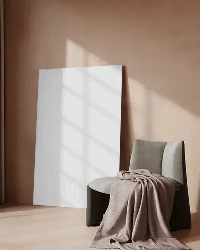 Minimalist Canvas Mockup In Warm Sunlit Room With Soft Shadows And Cozy Chair