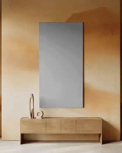 Modern Canvas Mockup On Textured Wall With Minimal Wood Console And Sculptural Decor