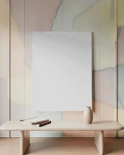 Modern Canvas Mockup In Soft Pastel Room With Minimal Bench And Ceramic Vase