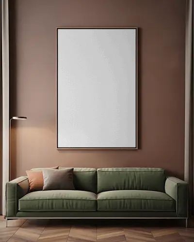 Modern Canvas Mockup Above Green Sofa In Warm Stylish Living Room Muted Brown Wall