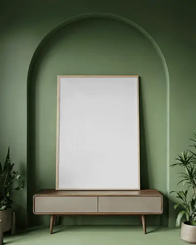 Modern Canvas Mockup In Green Arched Niche With Minimal Wood Console And Plants