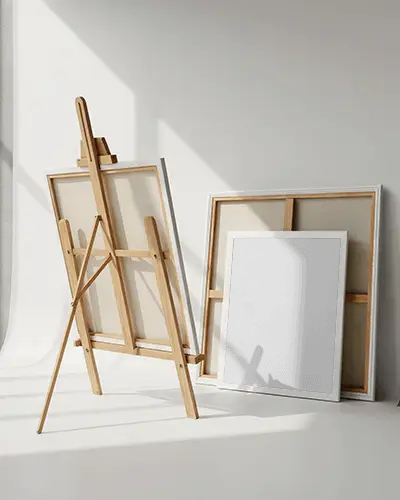 Sunlit Studio Canvas Mockup With Easel And Frames In Clean Minimal Creative Workspace