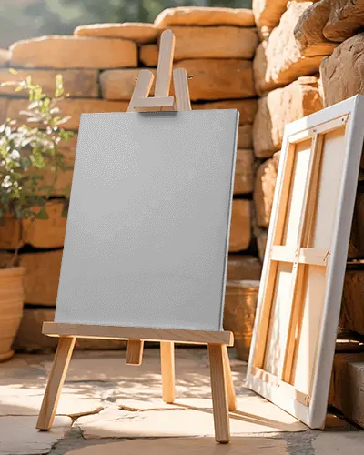 Rustic Outdoor Canvas Mockup With Wooden Easel Against Stone Wall In Warm Natural Light