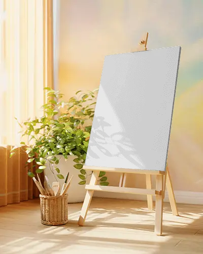 Bright Art Studio Canvas Mockup With Easel And Lush Plant In Soft Morning Sunlight