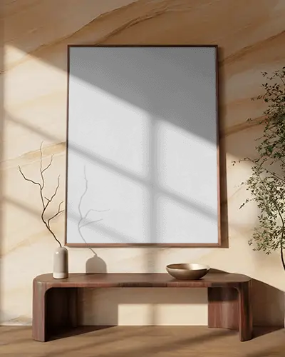 Warm Minimalist Canvas Mockup With Sunlit Shadows Wood Bench And Ceramic Decor