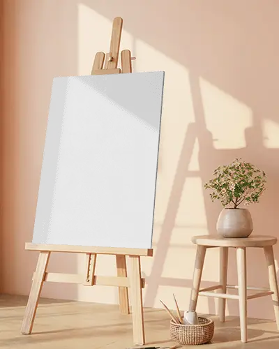 Soft Peach Studio Canvas Mockup With Easel And Stool Under Warm Sunlit Shadows