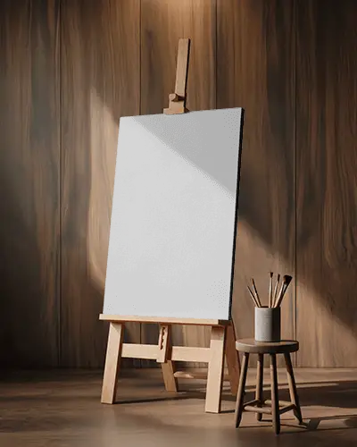 Warm Wood Studio Canvas Mockup With Easel And Brushes In Cozy Focused Directional Light