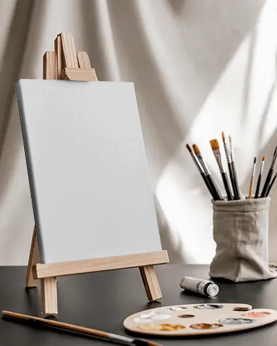 Artist Desk Canvas Mockup With Mini Easel Brushes And Palette In Soft Studio Light