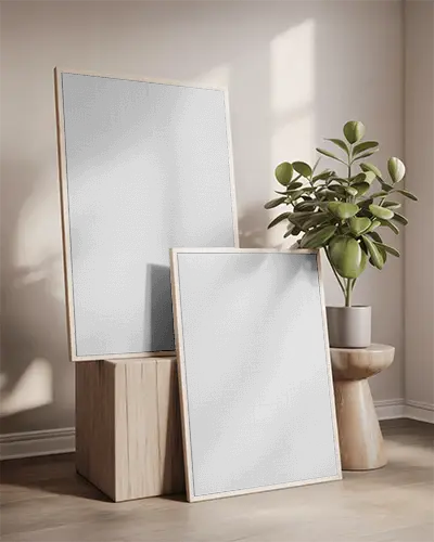 Modern Interior Canvas Mockup With Two Frames On Wood Blocks In Soft Natural Light