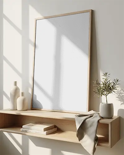 Minimalist Canvas Mockup On Wooden Shelf With Decorative Plant And Books