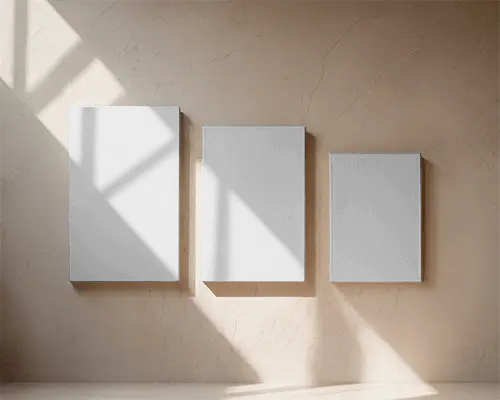 Minimalist Canvas Mockup Trio Wall Display Sunny Natural Light Interior Digital Art Presentation