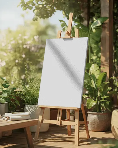 Vertical Canvas Mockup On Wooden Stand Surrounded By Potted Plants In Garden Area