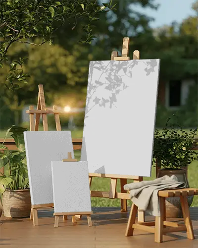Multiple Sized Canvas Mockups With Easels Set In A Greenery Filled Relaxing Outdoor Patio
