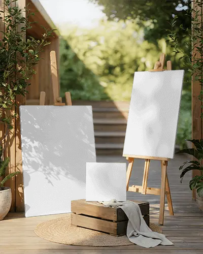 Outdoor Easel Canvas Mockup With Wooden Crate And Natural Light For Art Display