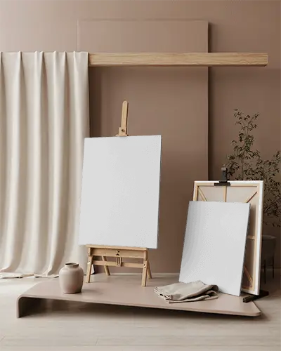Creative Canvas Display In Minimalist Room With Decorative Plant And Textile