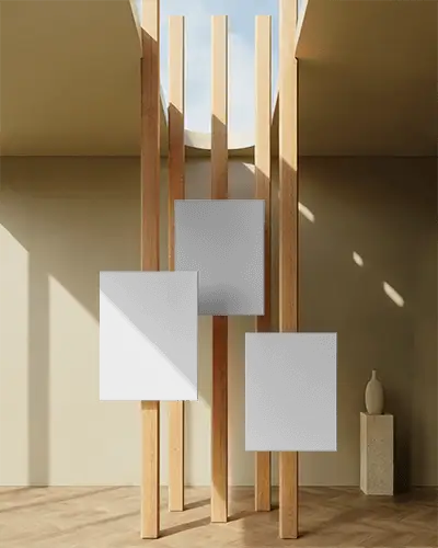 Modern Minimalist Canvas Mockup Displayed On Wooden Stands In Light Filled Interior