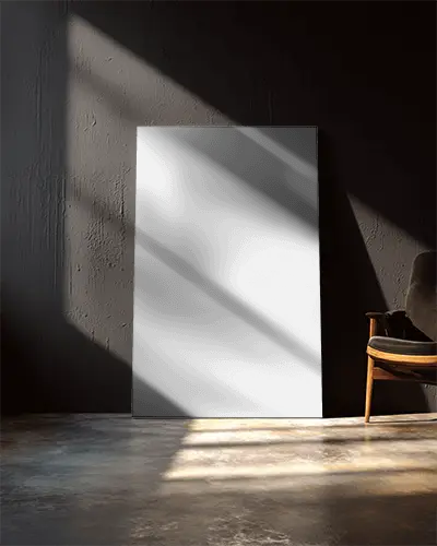 Modern Minimalist Canvas Mockup With Light Shadow Play On Textured Wall With Wooden Chair