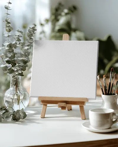 Tabletop Canvas Mockup With Paintbrush Holder Teacup And Greenery For Studio Display