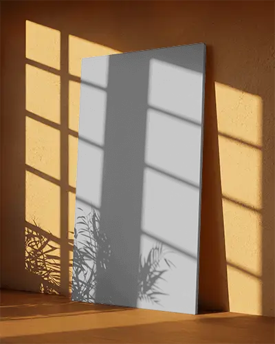 Vertical Leaning Canvas Mockup With Natural Light And Plant Shadow Effect On Floor