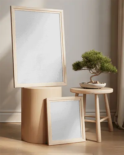 Modern Home Decor Canvas Mockup With Minimalist Plant And Wooden Furniture Styling