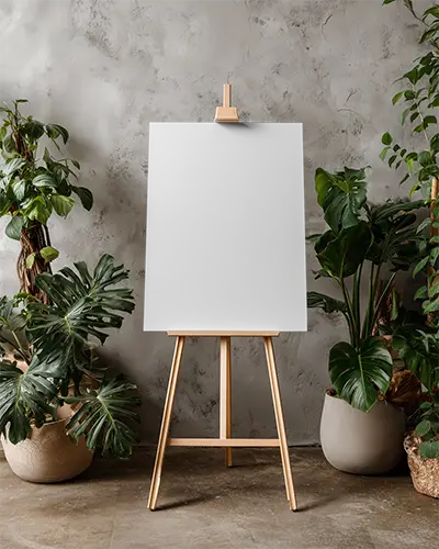 Contemporary Canvas Mockup On Wooden Easel With Lush Plants Decor For Creative Presentations