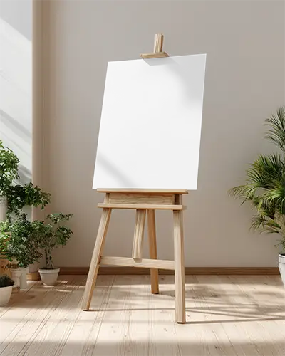 Canvas Mockup On Wooden Easel With Indoor Plants And Natural Light Setting