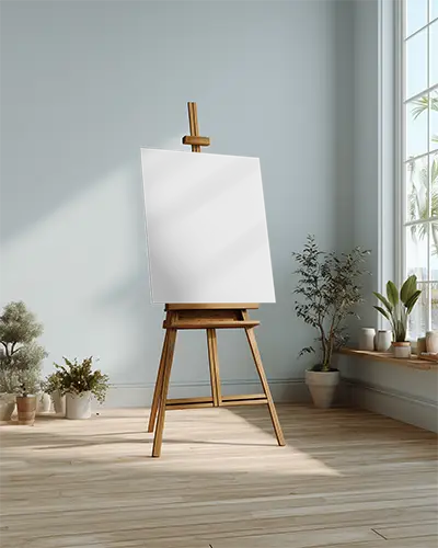 Canvas Mockup On Wooden Easel In Minimalist Modern Room Interior With Natural Light