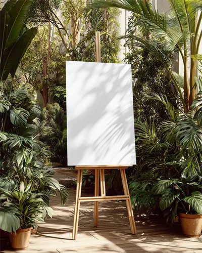 Canvas Mockup On Wooden Easel In Lush Green Indoor Garden With Natural Light Shadows