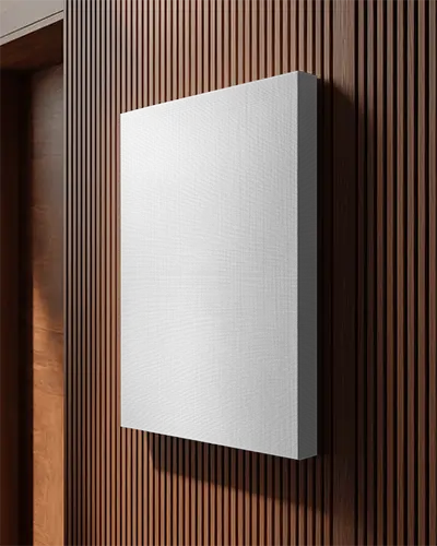 Vertical Canvas Mockup Hanging On Sleek Ridged Wood Wall For Artistic Display Projects