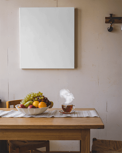 Kitchen Table Poster Mockup Rustic Dining Setup With Fruits And Steaming Tea 053