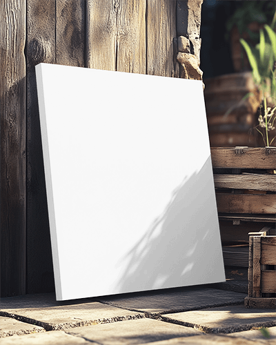 Rustic Outdoor Canvas Mockup Weathered Wooden Background Sunny Patio Natural Shadows 057