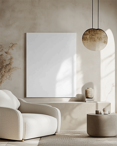 Minimalist Scandinavian Canvas Mockup Neutral Toned Armchair Soft Lighting Textured Wall Modern Aesthetic 058