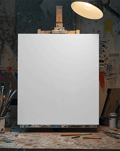 Artistic Studio Canvas Mockup Paint Splattered Surroundings Warm Lamp Lighting Creative Messy Vibe 059