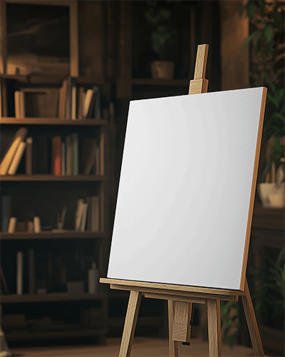 Cozy Library Canvas Mockup Wooden Easel Display With Soft Warm Lighting And Bookshelves Background 061