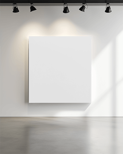 Modern Gallery Canvas Mockup Wall Mounted Display With Track Lighting And Minimal Natural Lighting On Polished Floor 065