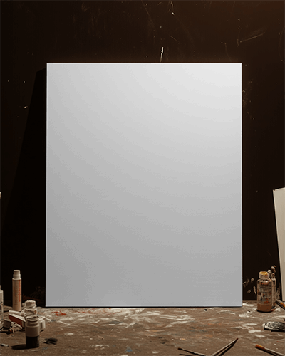 Art Studio Canvas Mockup Blank White Painting In Messy Creative Workspace With Art Supplies And Dark Background 066