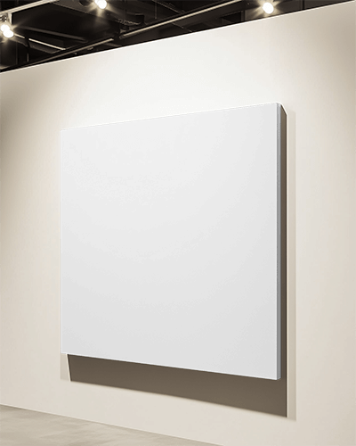 Modern Gallery Canvas Mockup Large Square White Frame On Minimal Exhibition Wall With Spotlights And Soft Shadows 069