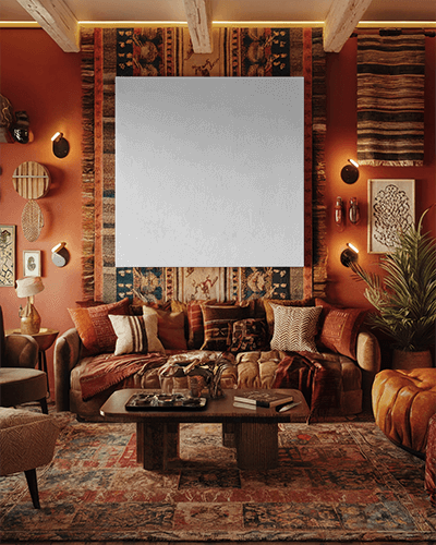 Bohemian Maximalist Interior Canvas Mockup Warm Earthy Tones With Textured Rugs And Vibrant Eclectic Decor Rich And Inviting Ambience 073