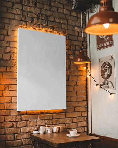 Rustic Cozy Cafe Canvas Mockup Exposed Brick Walls With Warm Industrial Lighting And Vintage Decor Inviting And Relaxed Ambience 075