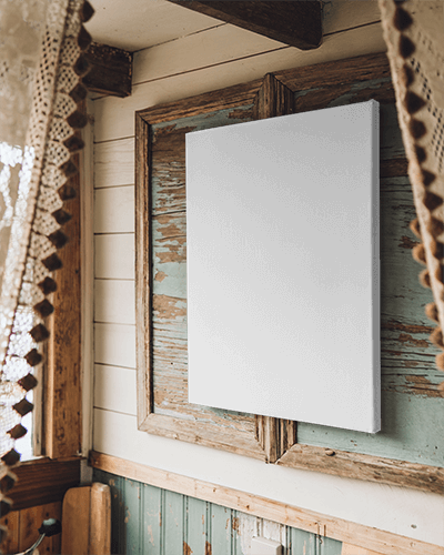 Rustic Interior Canvas Mockup Wooden Frame And Distressed Wall Vintage Cozy Ambience 076