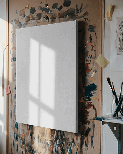 Sunlit Art Studio Canvas Mockup Textured Paint Splattered Wall Creative And Artistic Ambience 077