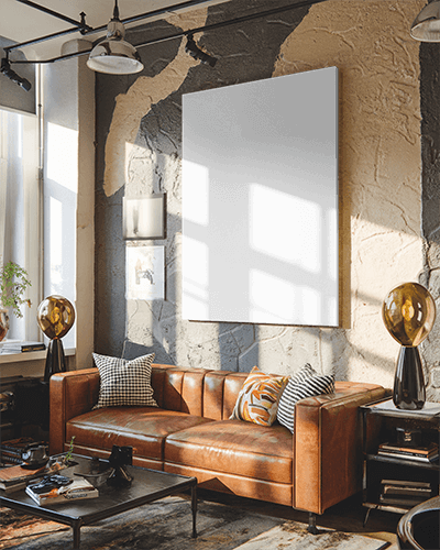 Industrial Loft Canvas Mockup Exposed Textured Wall Warm Sunlight Cozy Leather Sofa Modern Rustic Interior 083