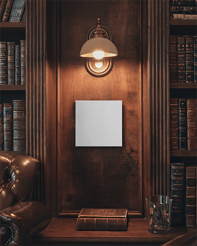 Vintage Library Canvas Mockup Dark Wood Paneling Leather Armchair Warm Lighting Sophisticated Atmosphere 087