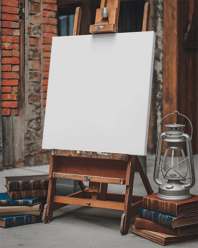 Vintage Easel Canvas Mockup Wooden Setting With Books And Lantern