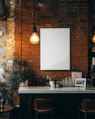 Rustic Café Canvas Mockup Brick Wall Hanging Lightbulb Hipster Aesthetic Warm Vibes 090
